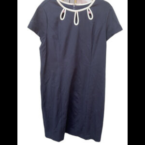 Talbots Knit Short Sleeve Navy Blue Keyhole Neck Piping Sheath Dress Size 16P